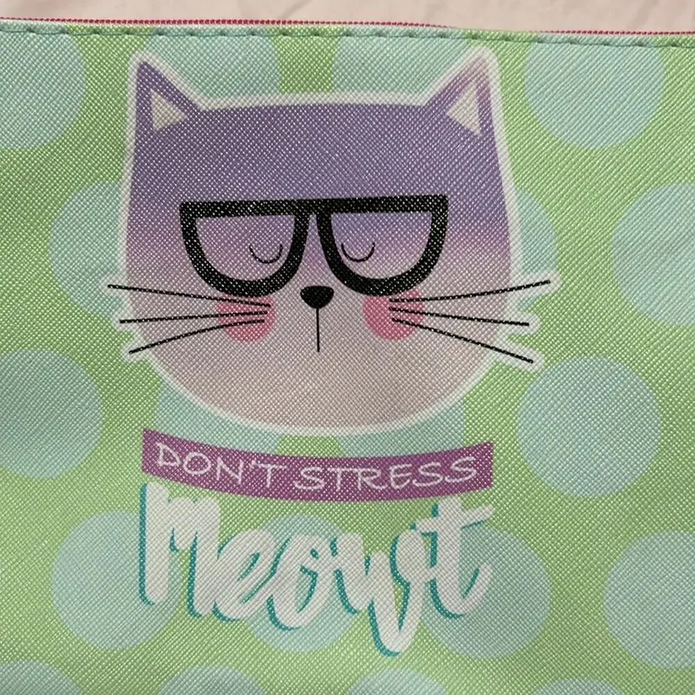 makeup cosmetic bag green with cat Don’t stress meow it nwt